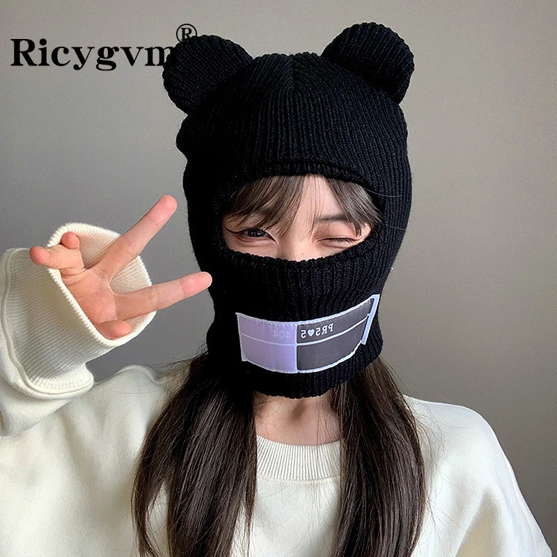 Y2KBalaclavaScarfCapBearEarBeaniesWinterWarmMenWomenWool