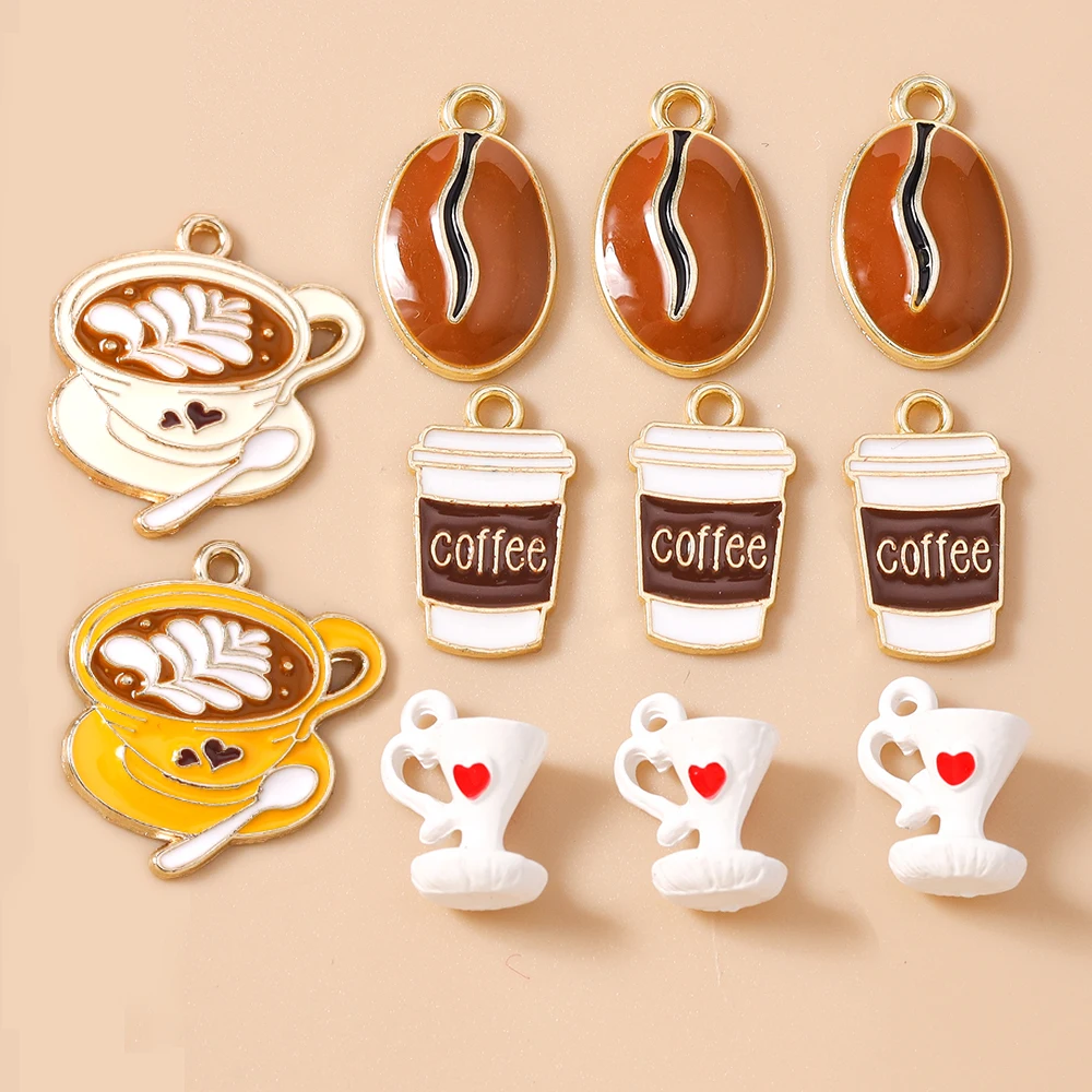 Leslie 10 Stück süße Teekanne, Kaffeebohnen, Charms, Kaffeetasse, baumelnde Charm-Perlen, passend für Original-Armbänder, Ohrringe, Damenschmuck, Geschenke