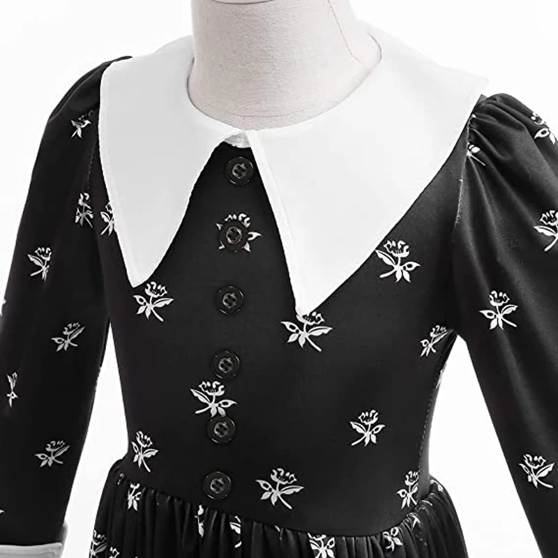 Vingate Gothic Schwarzes Kleid Mädchen TV-Serie Rollenspielkostüm für Kinder Karneval Halloween Familie Wensday Cosplay Bekleidung – Detail 8