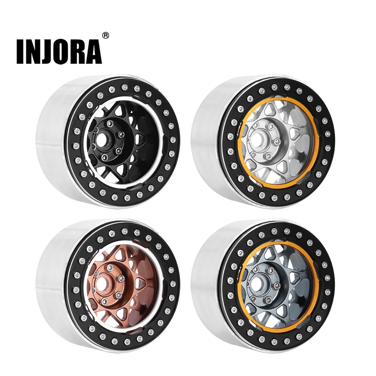 INJORA 1/10 Scale RC Crawler Aluminum Beadlock Wheels - 2.2" Size, Fits Axial SCX10, TRX4, Wraith