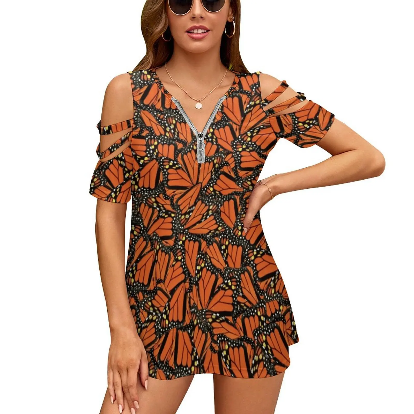 T-Shirt Da Donna Mariposa Summer Fashion Print Floreale Scollo A V Cerniera Tshirt Hollow Pullover Ladies Top Monarch Mariposa Nature