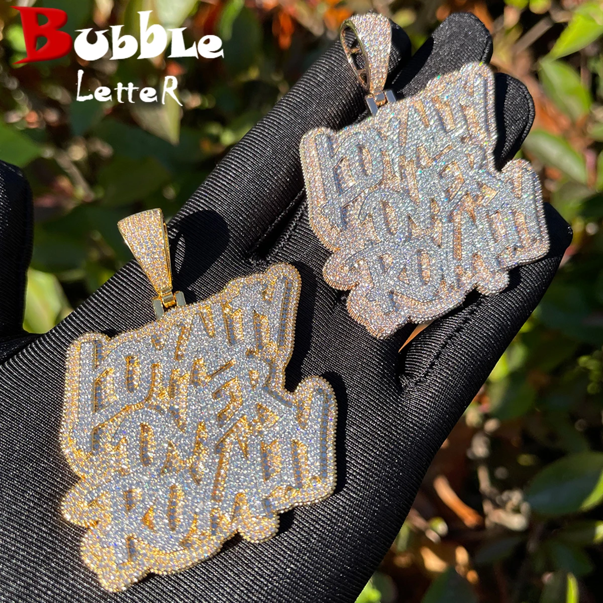 

Bubble Letter New Iced Out Bling CZ Loyalty Over Royalty Pendant Necklace Cubic Zirconia Two Tone Color Charm Men HipHop Jewelry