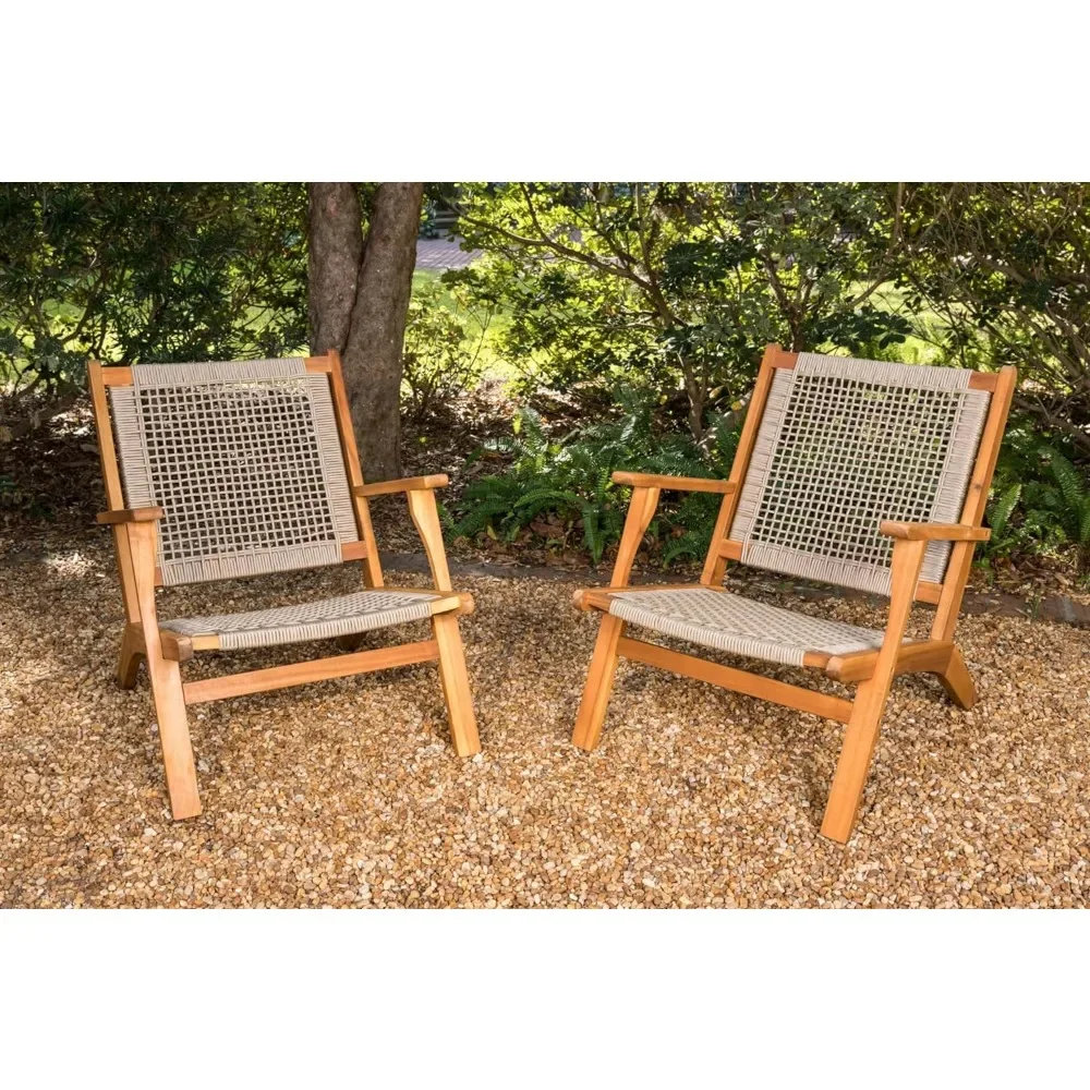 Natural Stain Outdoor Chair Acacia Wood Construction Hand Woven Seat Comfortable Reclining Armchair Patio Garden Backyard Deck
