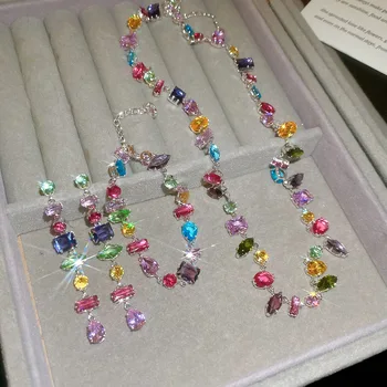 New Colorful Crystal Necklace Bracelet Chain for Women Elegant Clavicle Chain Irregular Zircon Necklace Party Jewelry Sets Gifts 1