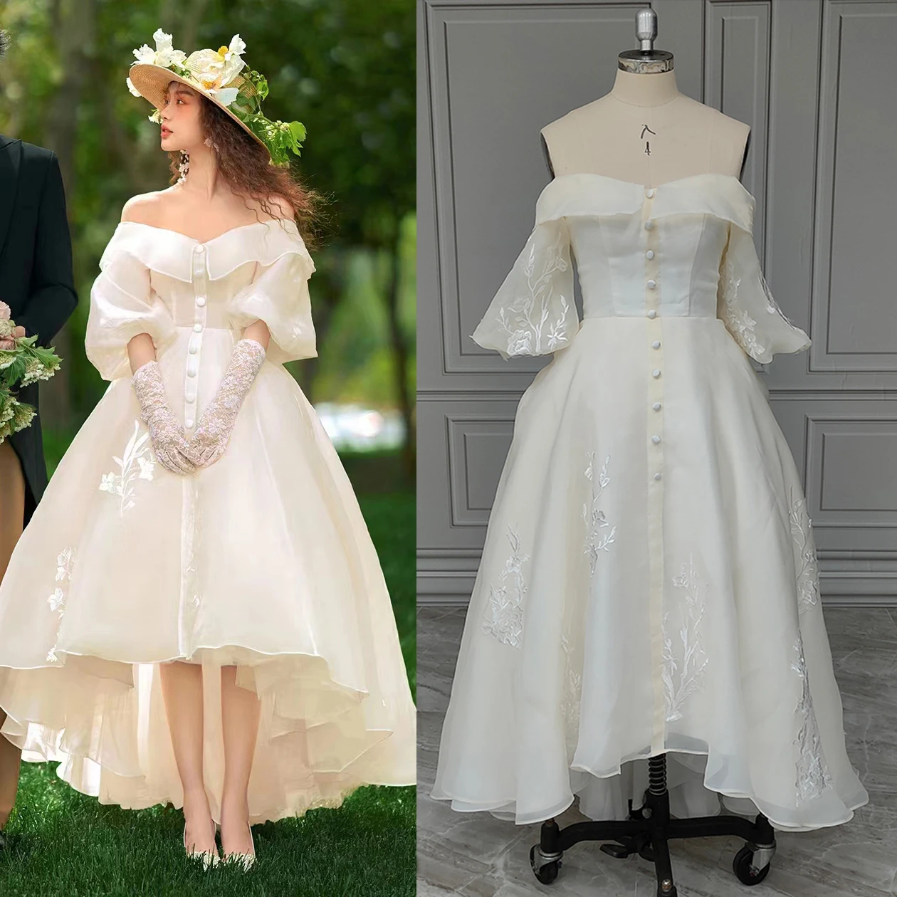 

Short Lanten Sleeves Ivory Appliqued Organza Wedding Dress Custom Made High Low Victorian Classic Buttons Lace Up Bridal Gowns