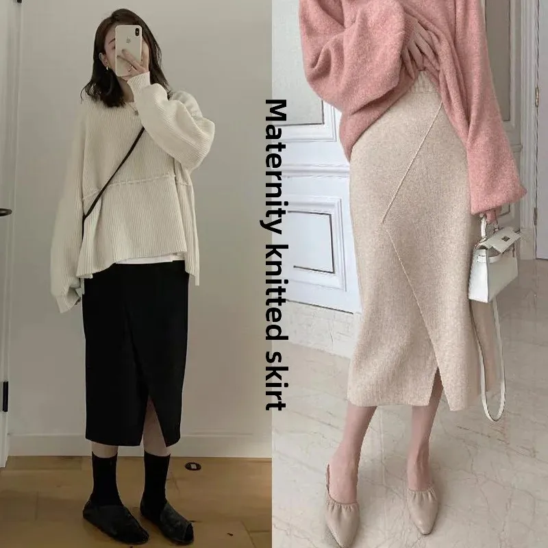 Maternity Fashion Knitted Mid-Length Split Skirt Stylish Outerwear Slimming Autumn Winter Half-length A- Line Skirt for Mommy