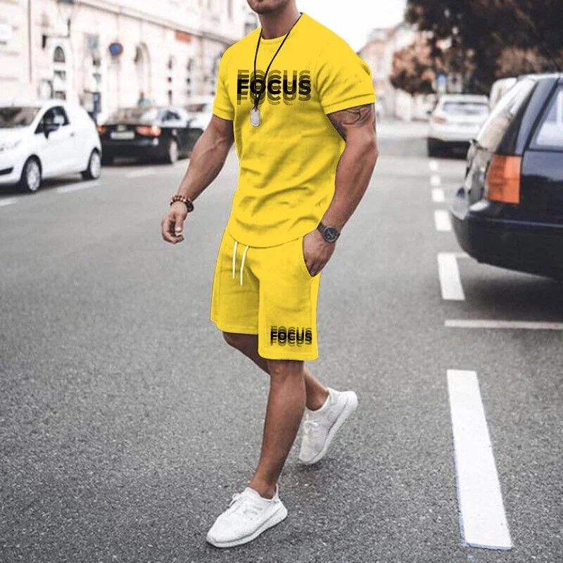 Plus Size Men's Casual Graphic 2Pcs Outfits Fashion Letter Print Short-Sleeve T-Shirt Shorts Set for Summer Men's T-Shirt Set 2