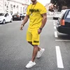 Plus Size Men's Casual Graphic 2Pcs Outfits Fashion Letter Print Short-Sleeve T-Shirt Shorts Set for Summer Men's T-Shirt Set 2