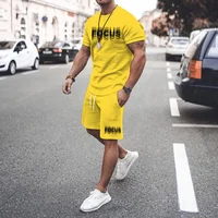 Plus Size Men's Casual Graphic 2Pcs Outfits Fashion Letter Print Short-Sleeve T-Shirt Shorts Set for Summer Men's T-Shirt Set 2
