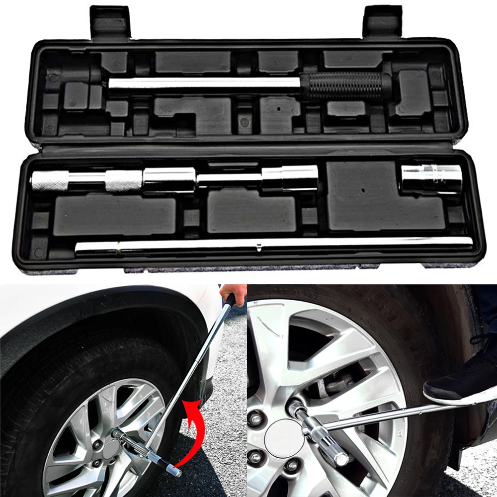 

Universal 25" Telescoping Extended Tire Nut Wrench 17/19 21/23mm Socket 4 Way Tire Iron Nut Removal Tool Wrench with Storage Box