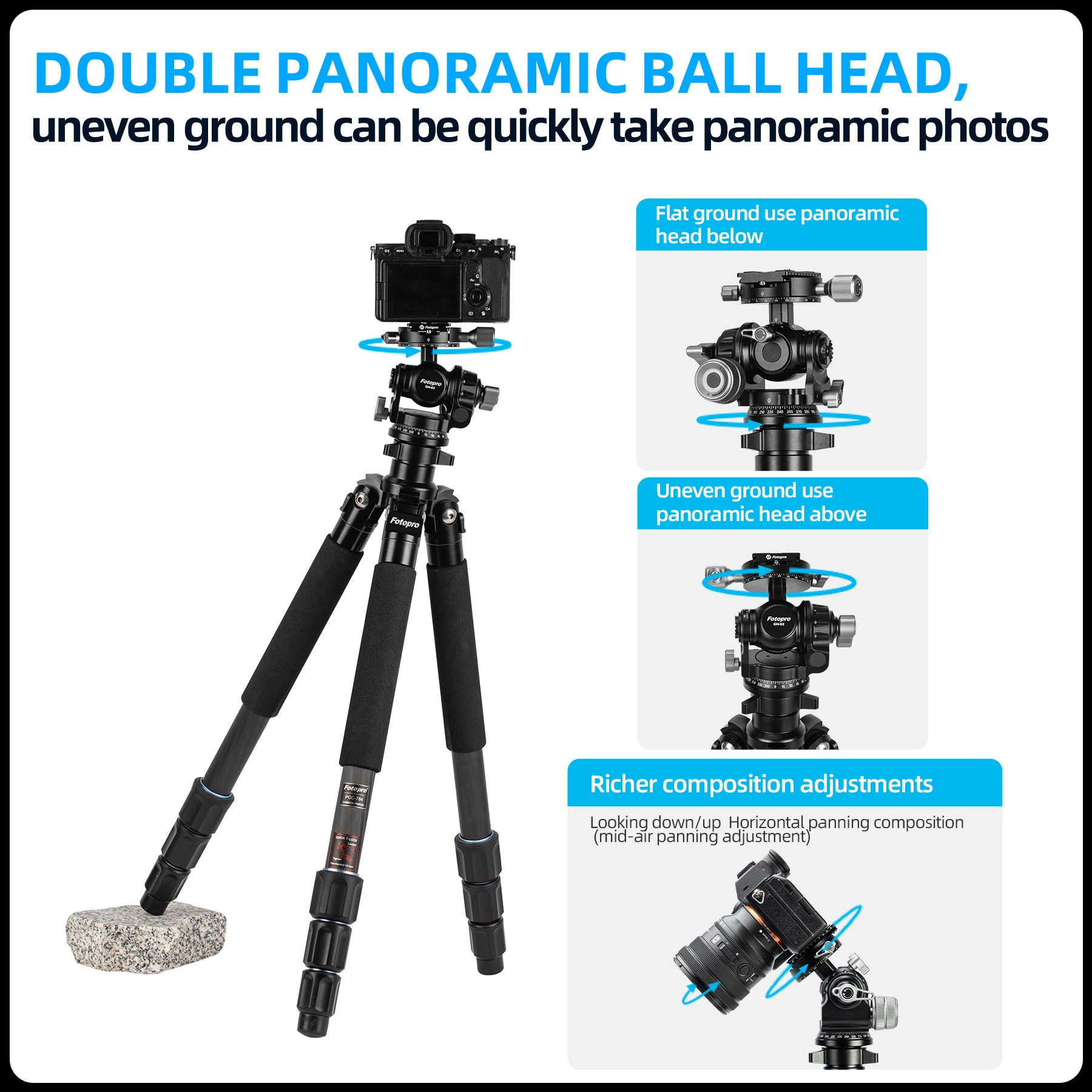Fotopro 3-Way Geared Tripod Head with Handle Grip 3-Axis Pan Tilt Head Lightweight Compact Gimbal GH-02 GH-03