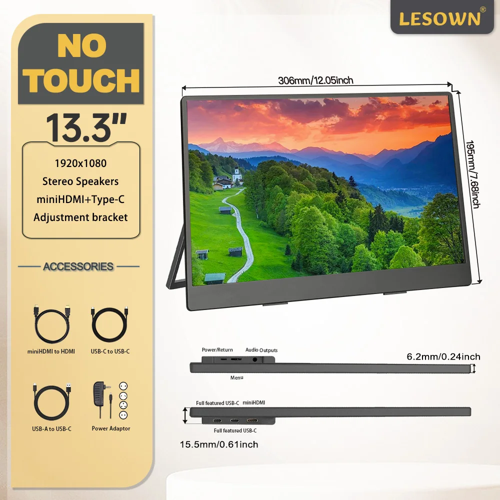 شاشة LESOWN 13.3 بوصة 4K محمولة UHD 3840x2160 IPS...