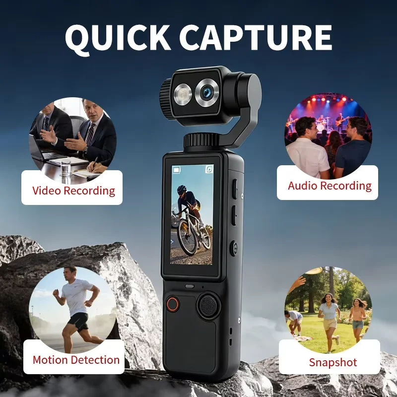 Caméra Action 360° 4K noire en main, montrant l'écran et les boutons de contrôle, prête à filmer.