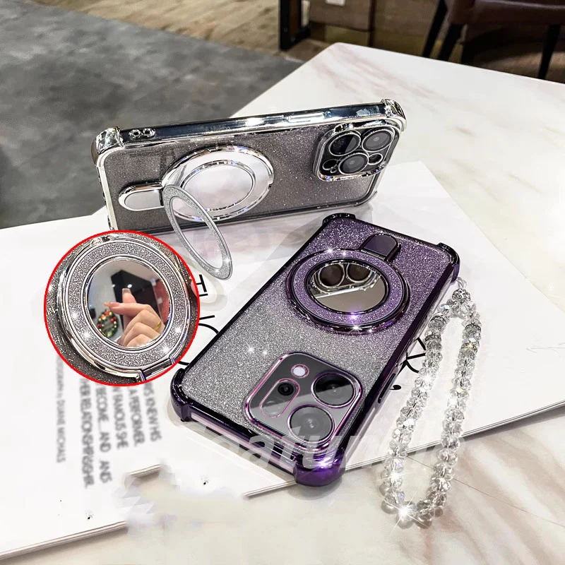 Glitter Plating Mirror Magnetic Phone Holder Bracelet Case Cover