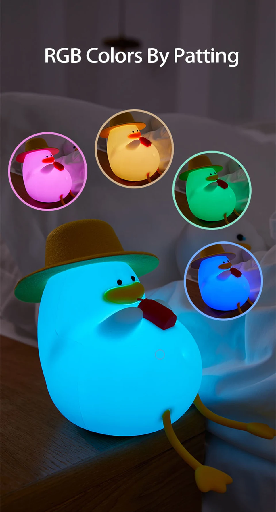 Cute Kids Happy Duck Night Light USB Rechargeable Lamp Silicone Pating Lamp Color Changing for Baby Bedside Room Home Decor Gift