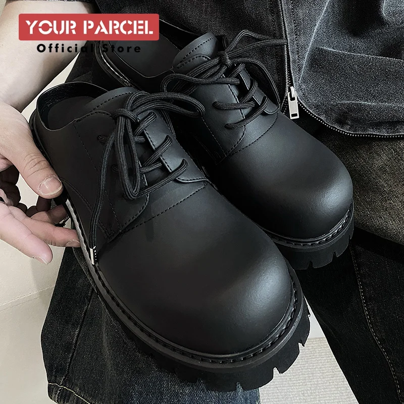 Muller shoes for men's Big head glossy leather shoes Height increasing casual round toe Derbies shoes Thick soled half slippers