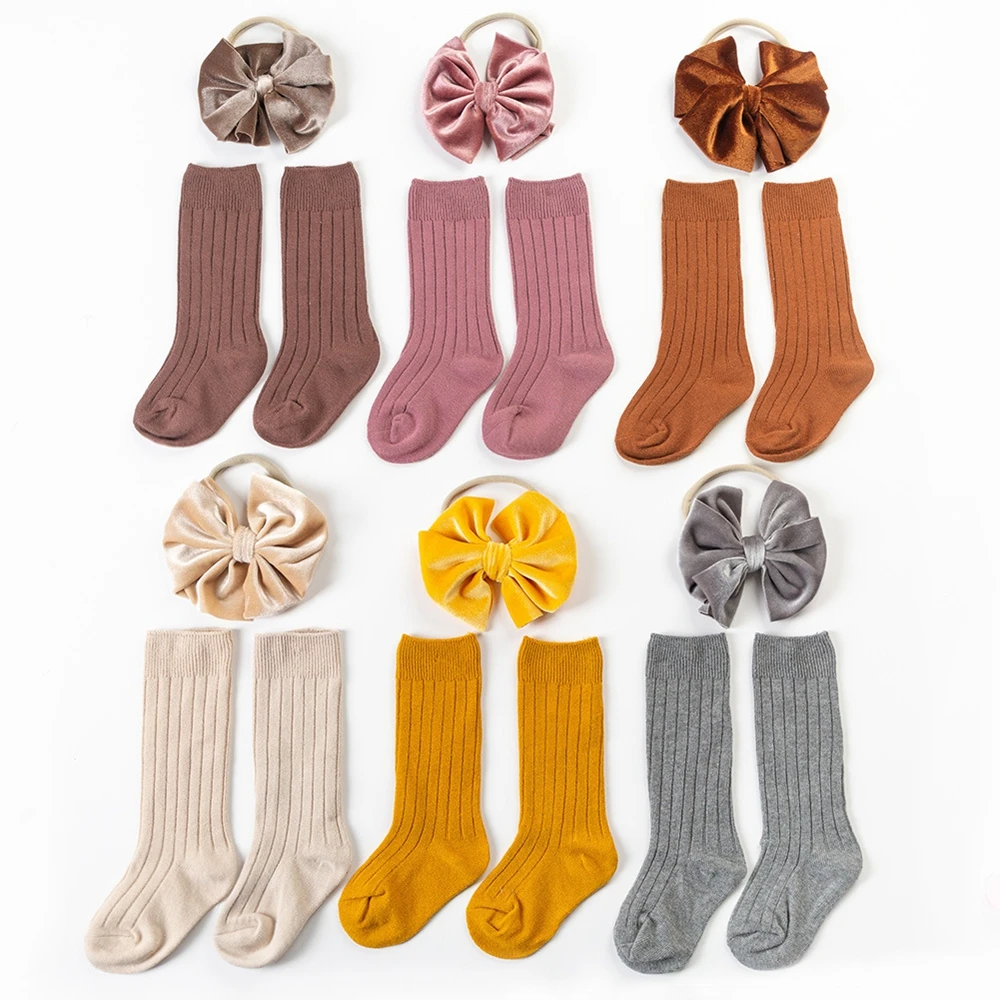 

3pcs/lot New Baby Girls Headband Socks Set Bow Knot Headbands Cotton Medium Stockings for Children Keep Warm Accessories Gifts
