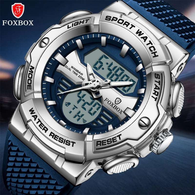 Brand FOXBOX Men Dual Display Sports Watch Fashion Digital Dual Time Quartz WristWatch Waterproof Luminous Date Military Watches humpbuck tech savvy timepiece trendy themed style watch date display dual time zones cutting edge technology