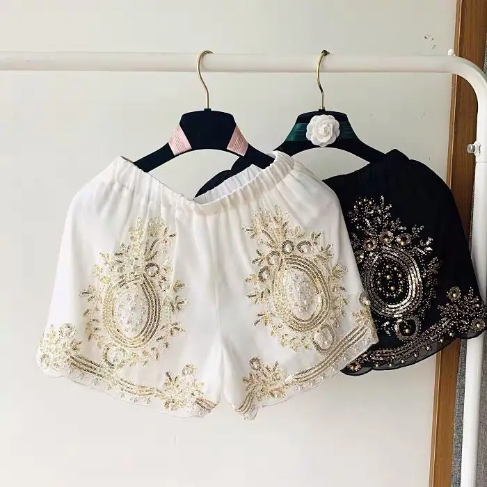 bead work shorts women embroidery sequined shorts women vintage gold embroidery short pants
