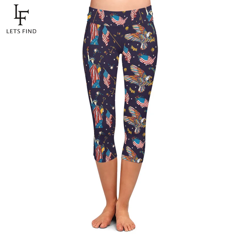 LETSFIND Summer New High Quaility 3D American Flags Print Women Capri Leggings High Waist  Fitness Elastic Leggings