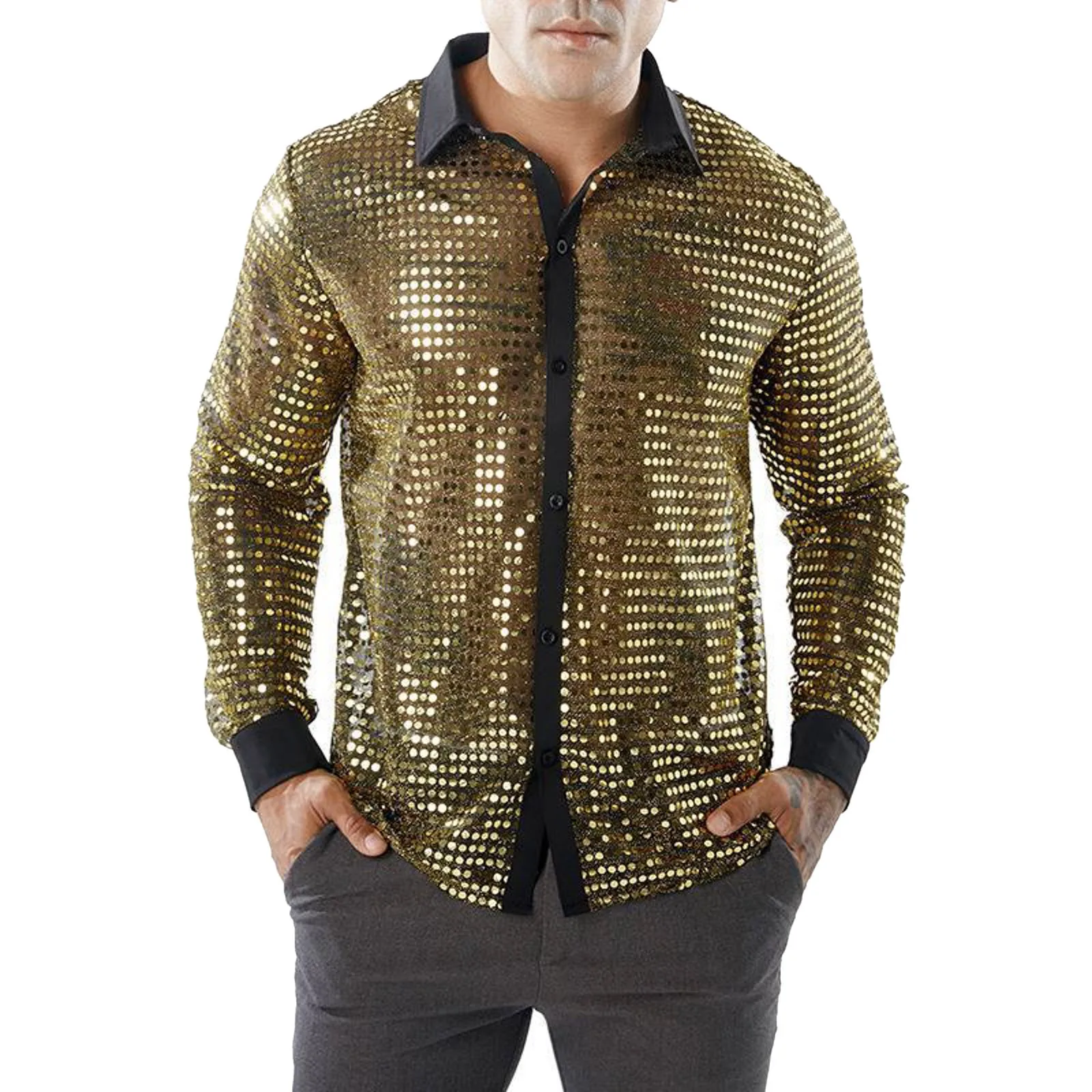 Mens Long Sleeved Performance Wear Sequin Shirt Long Sleeved Lapel 70s Disco Party Wear Trend Long Sleeved Harajuku Streetwear 4