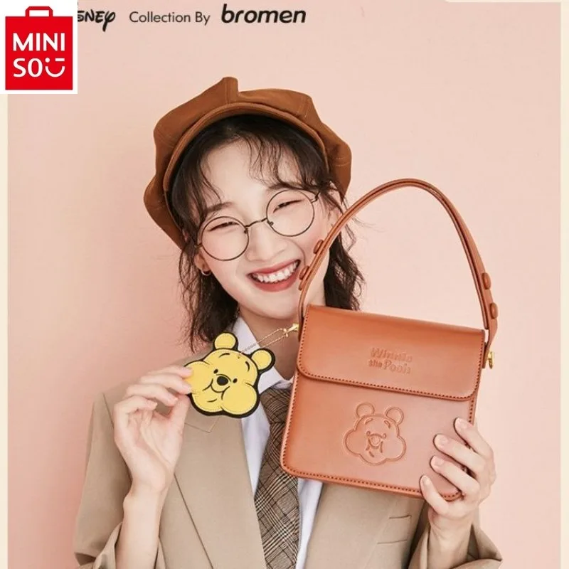 MINISO Disney Cute Winnie Bear Underarm Bag for Women's Advanced Fashion High Quality PU Handheld Storage Phone Bag