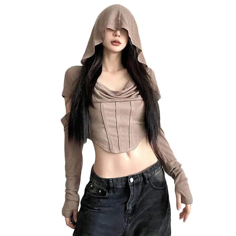 y2k Crop Top Women Punk Gothic Clothes Solid Color Long Sleeve Hooded T Shirt with Thumbhole Wasteland Tee Streetwear