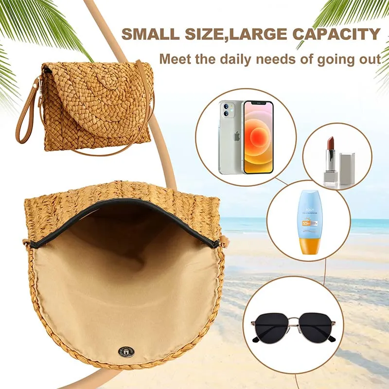Women's Woven Straw Shoulder Bag - Envelope Crossbody Clutch Purse Adjustable Strap Handmade Natural Fiber 21x15x1 5cm Beige Pink Khaki Brown Red