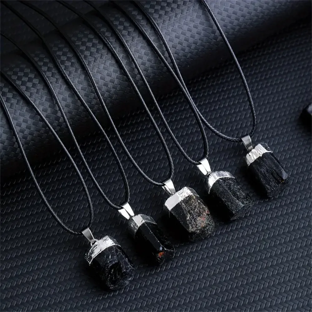Natural crystal cylinder rough stone black tourmaline pendant irregular electrical stone pillar ore silver-plated hemming neckla 4