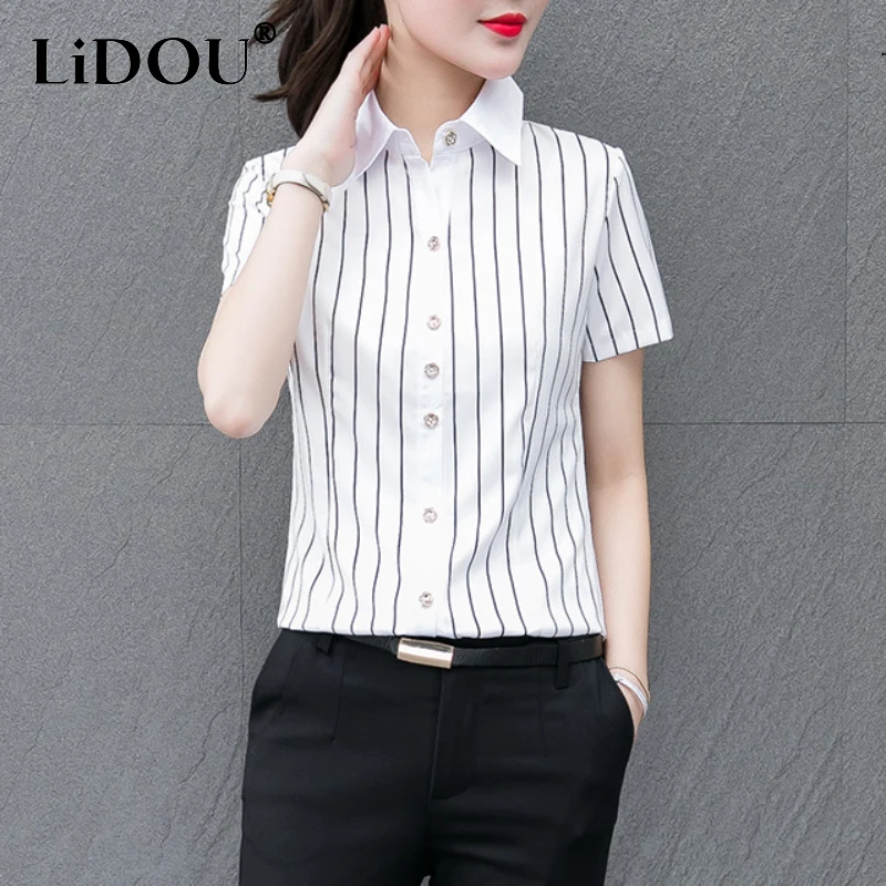 Spring Summer Polo Neck Short Sleeve Office Lady T-shirts Korean Style Striped Elegance Fashion Blouse Women Chic Female Tops