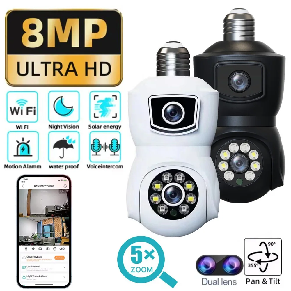 128GB E27 Bulb WiFi Camera 4K 8MP Dual Lens Dual Screen IP Camera Auto Tracking Two Way Audio Color Night Vision Security Camera 6