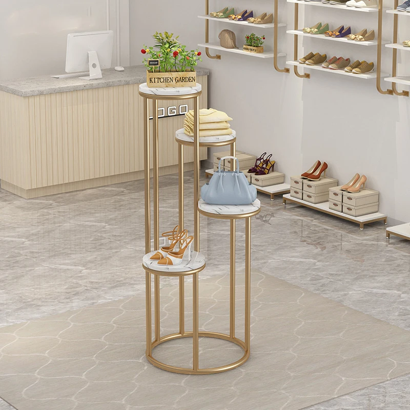 , high low gold metal bag shoes scarf hat display rack stand for shopping mall women clothing children clothing store