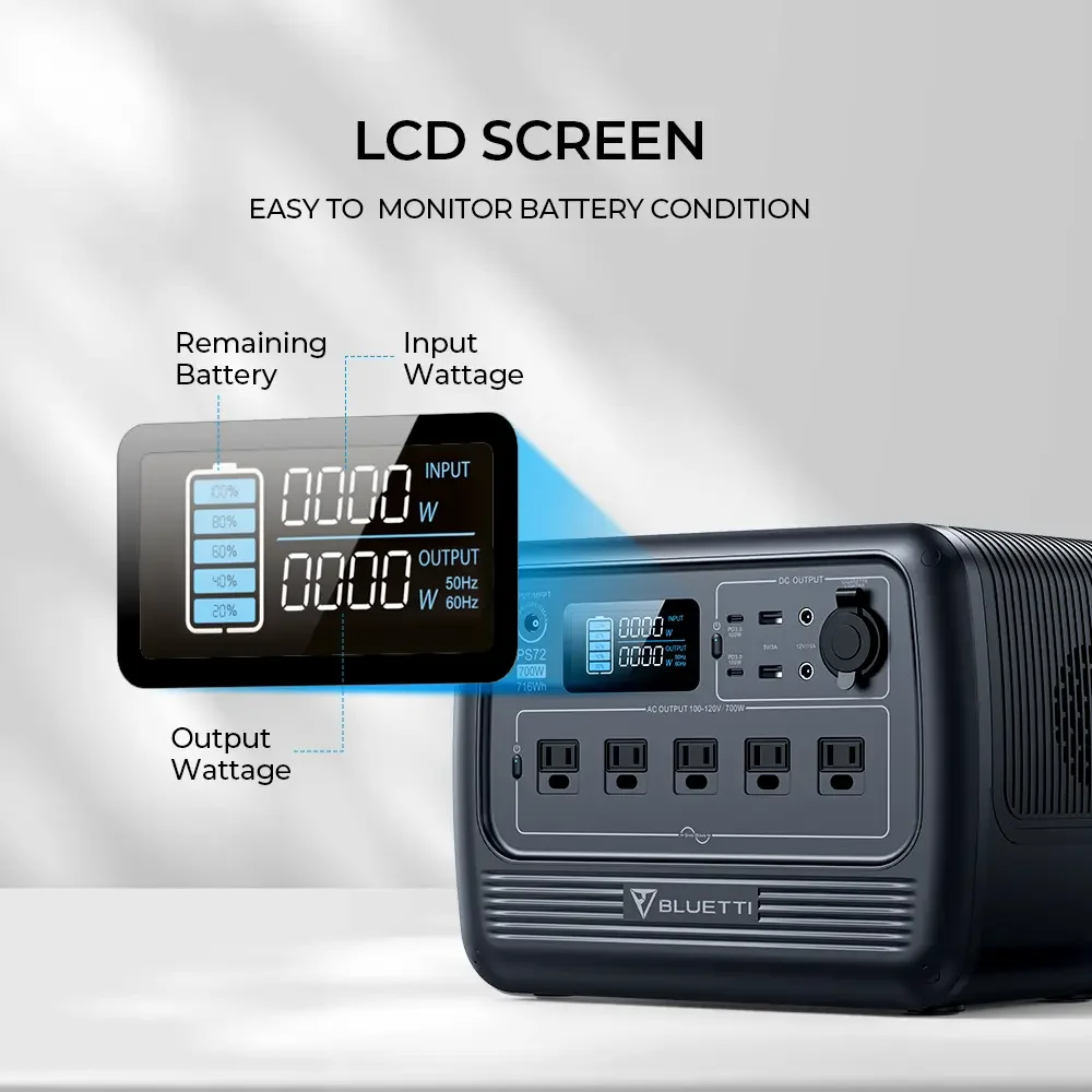 【US Plug】BLUETTI PS72 700W Portable Solar Generator, 716Wh LiFePO4 Power Station, For Home Use, Off-Grid Living, Camping 3