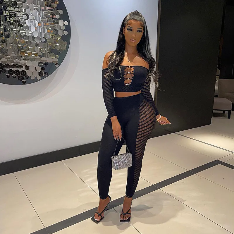 

Fashion Women's Two Piece Set Long Sleeve Slash Neck Crop Top Sexy Hollow Out See Through Pencil Pants Nightclub Party Outfits