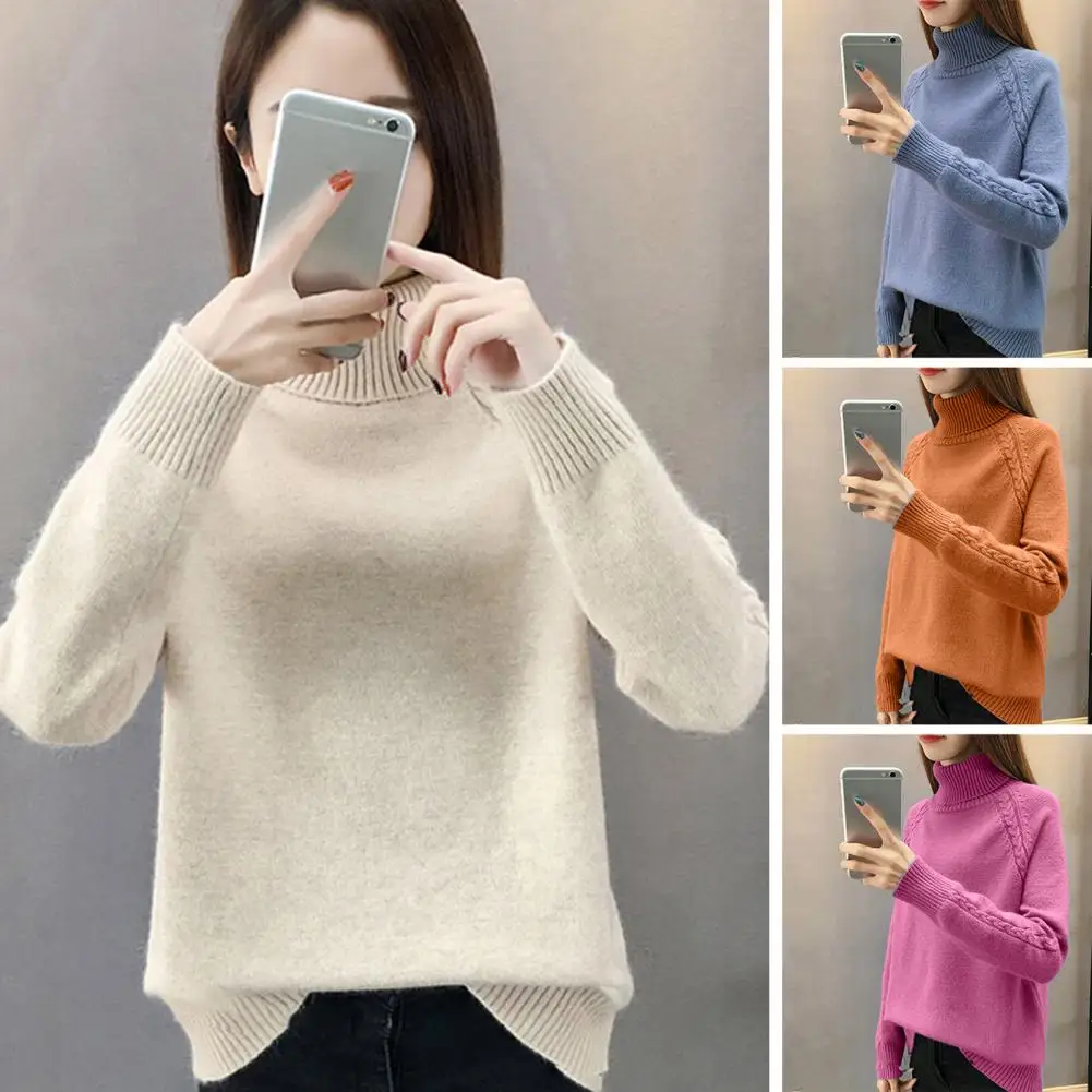 

Women Fall Winter Sweater High Collar Thick Knit Solid Color Long Sleeve Pullover Loose Neck Protection Lady Commute Sweater