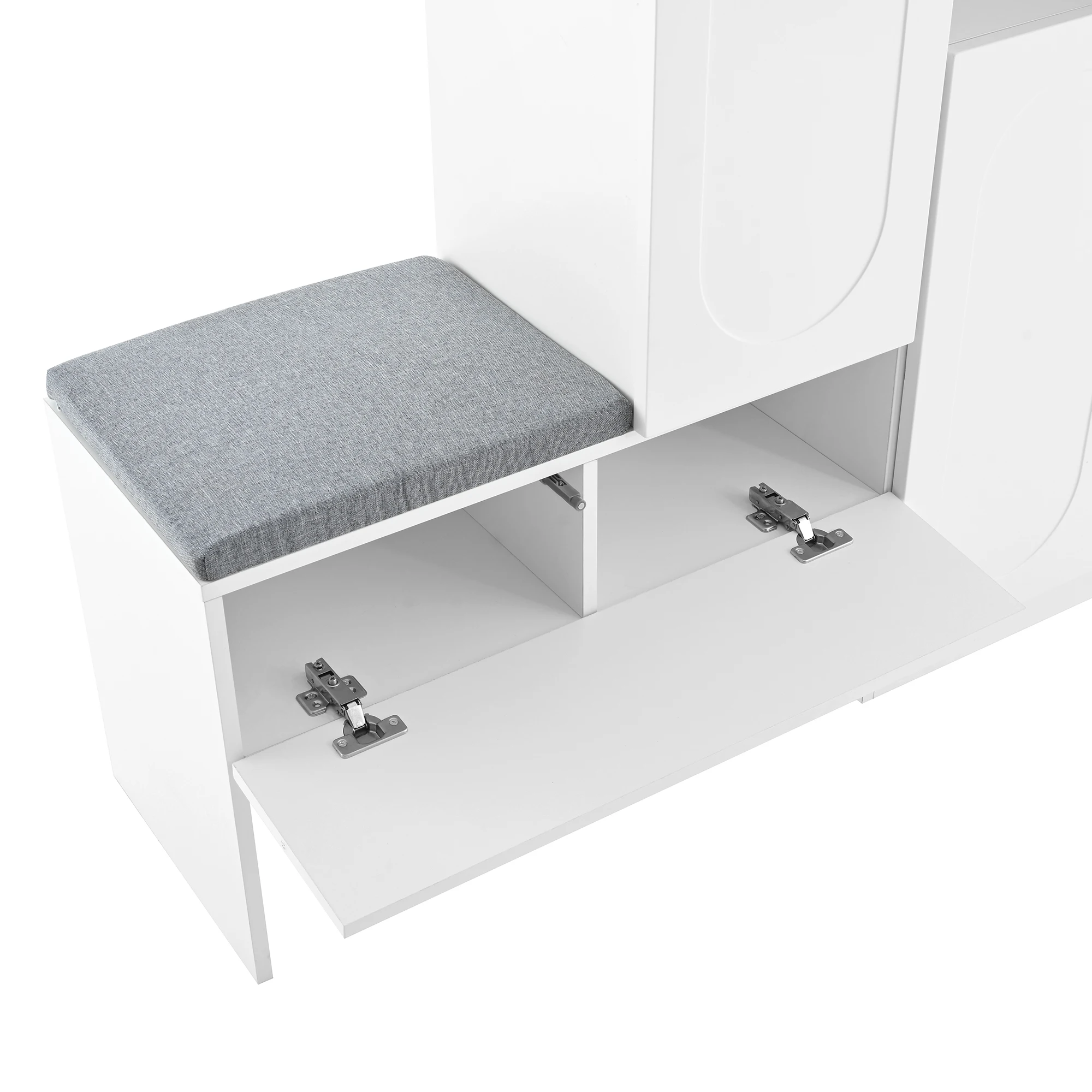 Schuhschrank mit gebogenen Türen, Klapptür mit Soft-Close-Funktion, höhenverstellbaren Fächern und gepolstertem Sitz – Detail 4