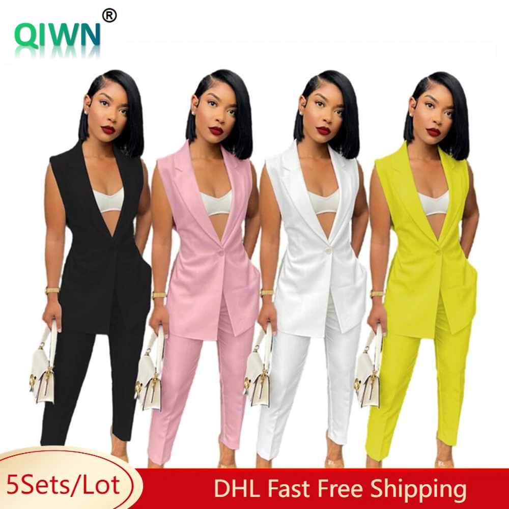 5sets Bulk Items Wholesale Women Suits Solid Sleeveless Belt Slit Long