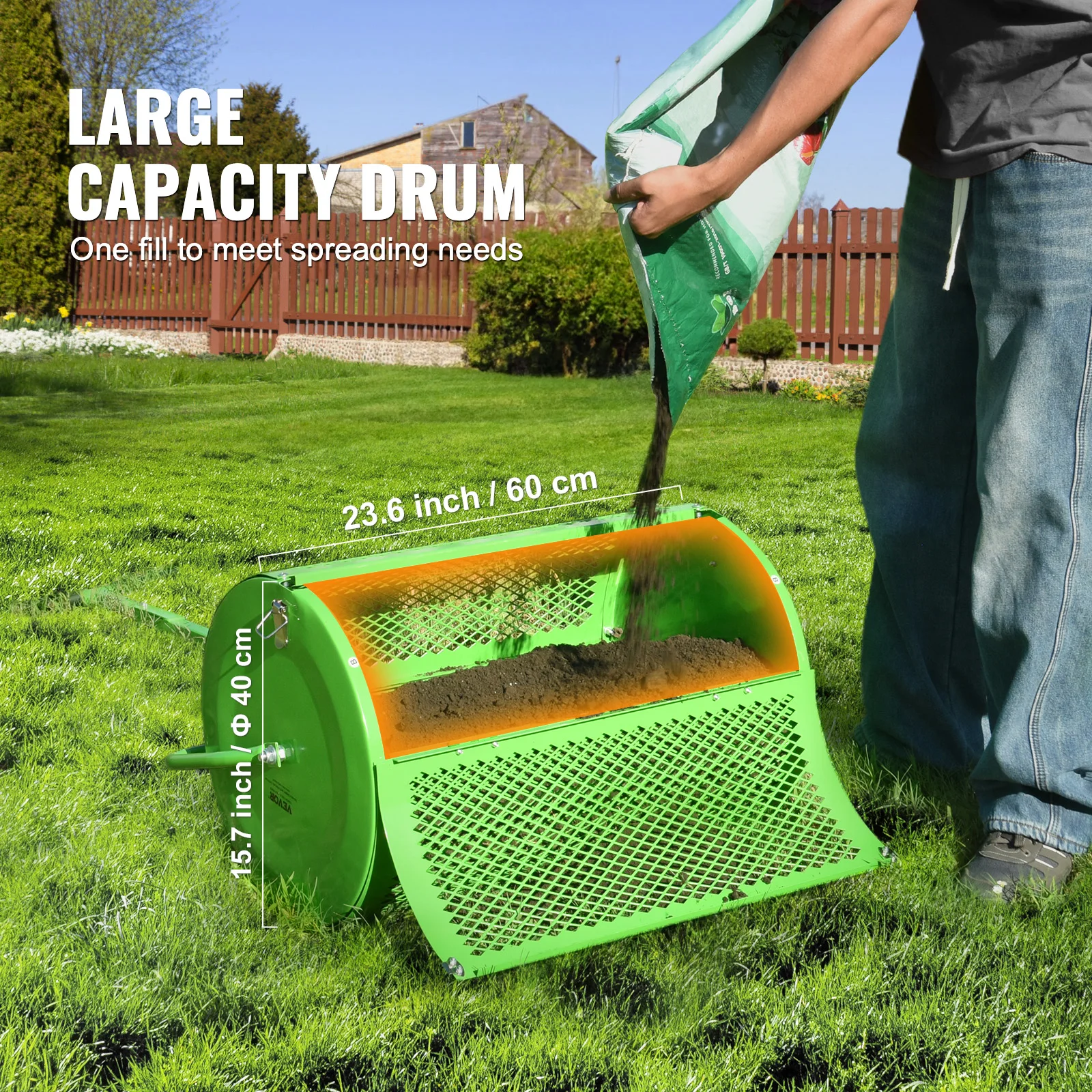 VEVOR Compost Spreader and Peat Moss Spreader 24 in Push/Tow-Behind Roller Lawn Spreader with Height Adjustable T Shaped Handle 5