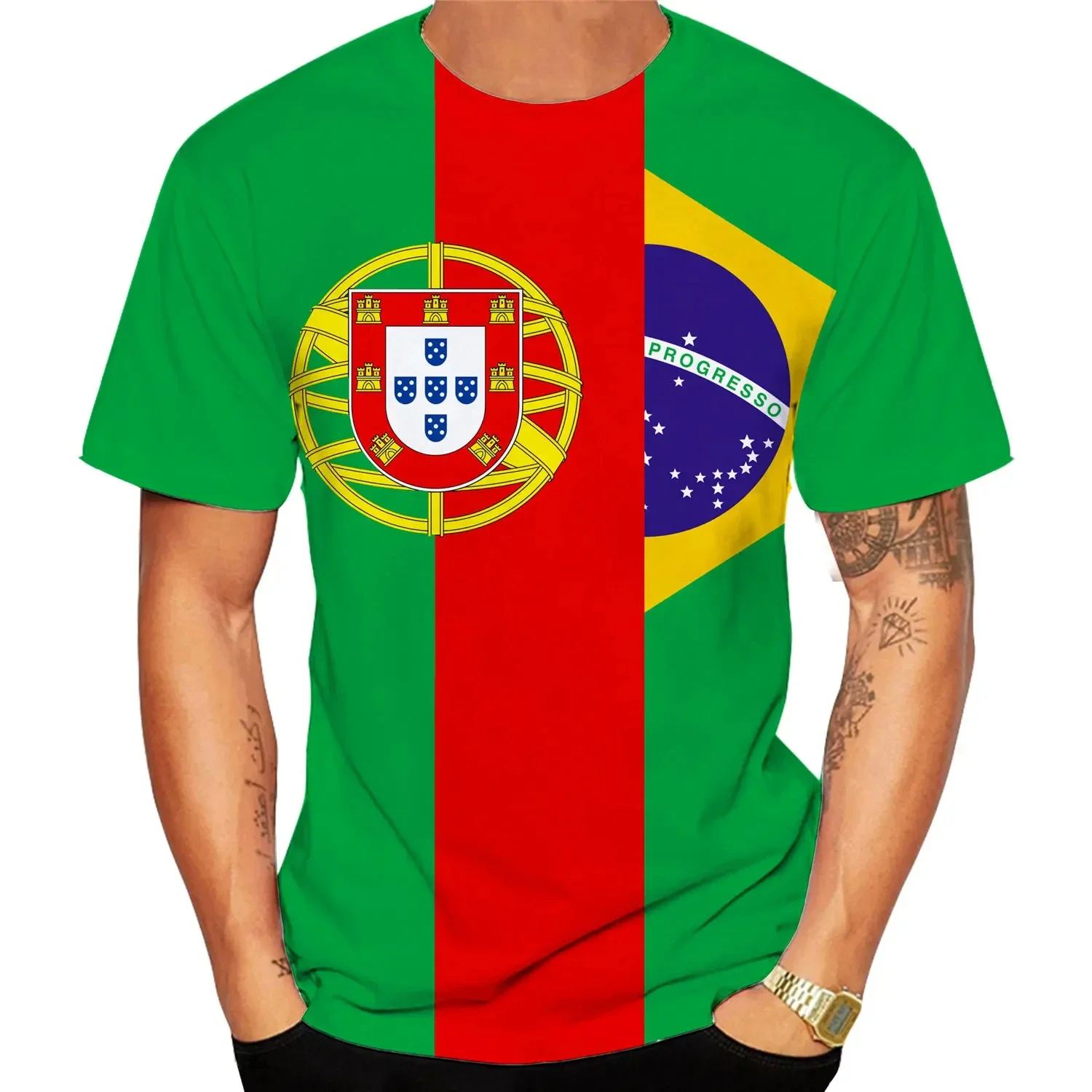 Sdfe88e88c715412ab8c701539a3ef877P Camiseta 3D Bandeira Portugal e Brasil — Unissexo, Manga Curta 2024
