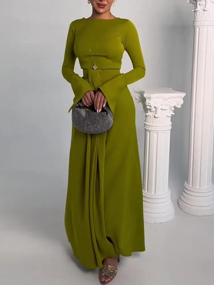

Однотонное Зеленое Длинное Вечернее Платье Freeacy для женщин и женщин, с круглым вырезом и длинными рукавами, с высоким воротом, с оборками, женское платье