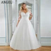 ANGEL Elegant Plus Size Wedding Dresses V-Neck Applique 3/4 Sleeves Bridal Gowns A-Line Sweep Train robe de mariée bohème 1