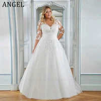 ANGEL Elegant Plus Size Wedding Dresses V-Neck Applique 3/4 Sleeves Bridal Gowns A-Line Sweep Train robe de mariée bohème 1