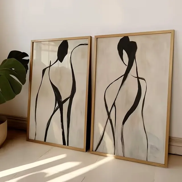 2pcs Abstract Black Beige Line Canvas Poster Picture Art Wall Printed Matter Minimalist Female Figure Living Room Home Decoratio