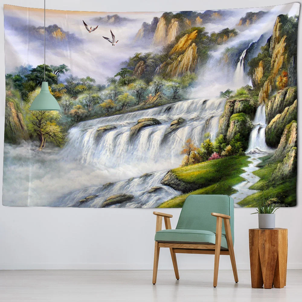 Forest oil painting tapestry waterfall landscape wall hanging cloth living room wall decoration aesthetics home art decoration