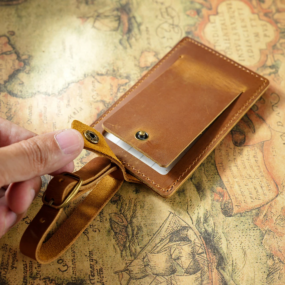 Vintage-Style Top-Grain Leather Luggage Tag with Snap Closure-Creative Airplane Travel Suitcase ID Tag for Check-In/Boarding
