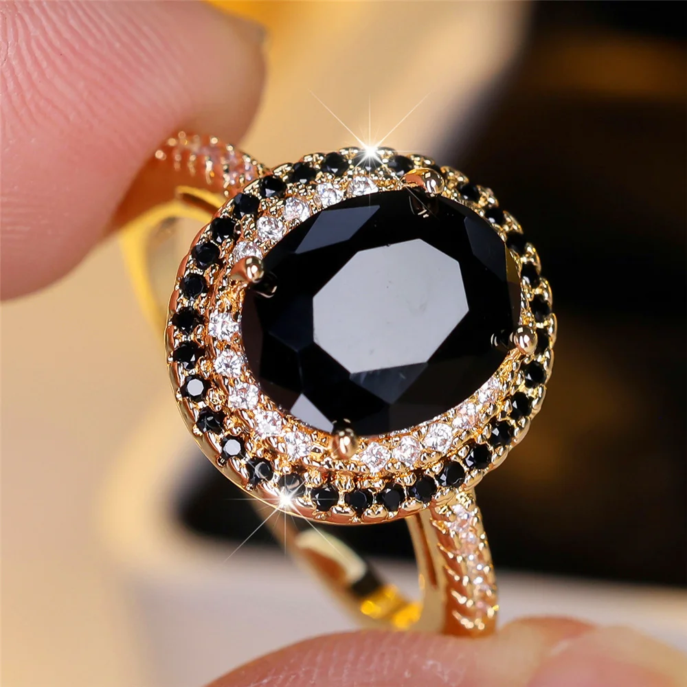 Luxury Crystal Black Zircon Stone Oval Rings For Women Vintage Silver Color Wedding Band Bridal Jewelry Engagement Gift