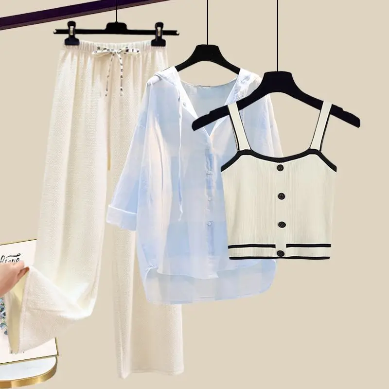 Large Women's Summer Set Women's 2023 New Sunscreen Shirt Women's Slim Slim Slim Strap Tank Top Wide Leg Pants Three Piece Set