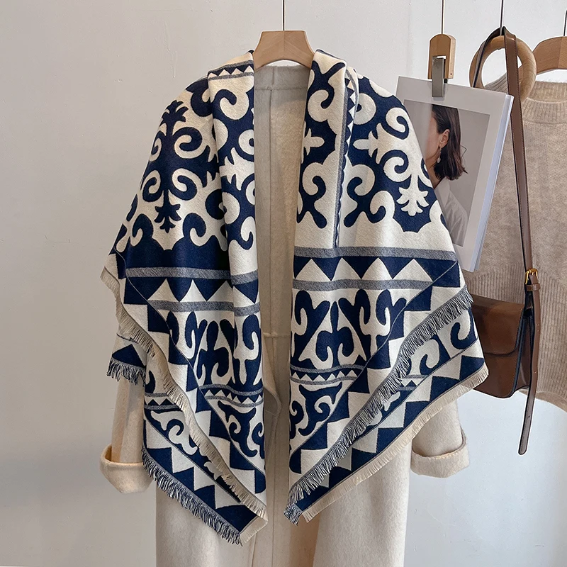 Women's Winter Fashion Faux Cashmere Scarf Vintage Floral Print With Tassels Thick Warm Shawl Trendy Wrap For Cold Weather