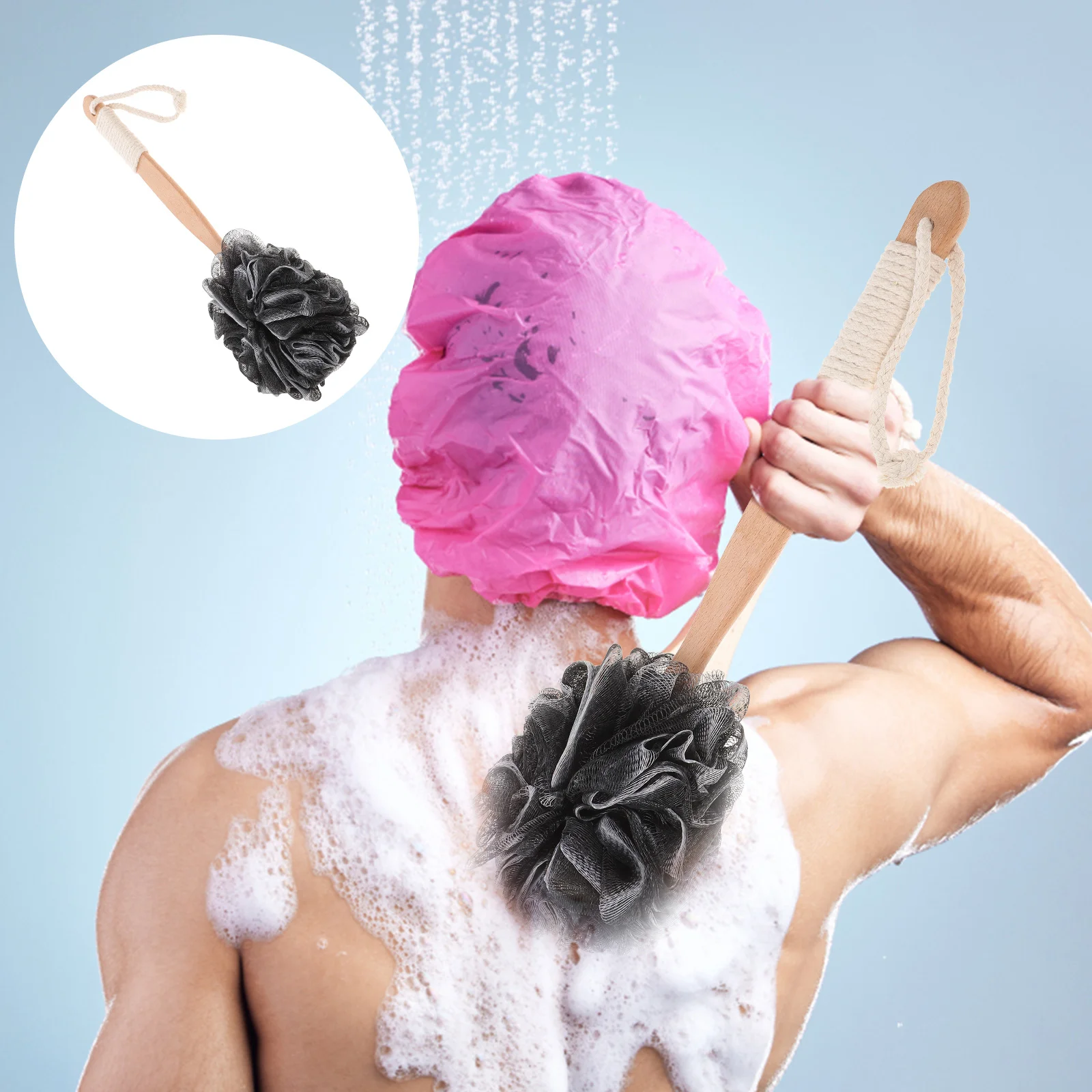 

Long Handle Wooden Bath Brush Man Sponges Mesh Shower Cotton Rope Back Cleaning