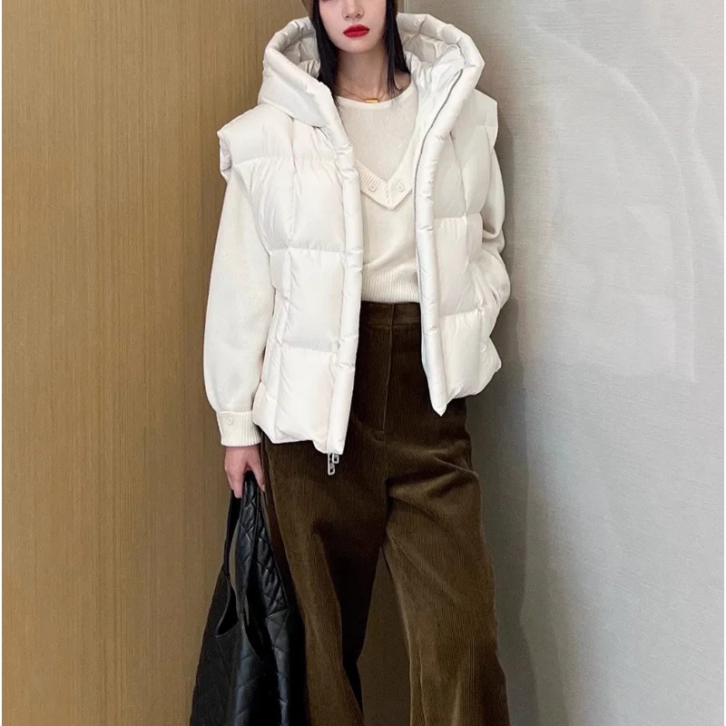 Winter Black Hooded Down Vests Coats White Duck Sleeveless Casual Fashion Women Niche Jackets Loose Keep Warm Skin-friendly Tops